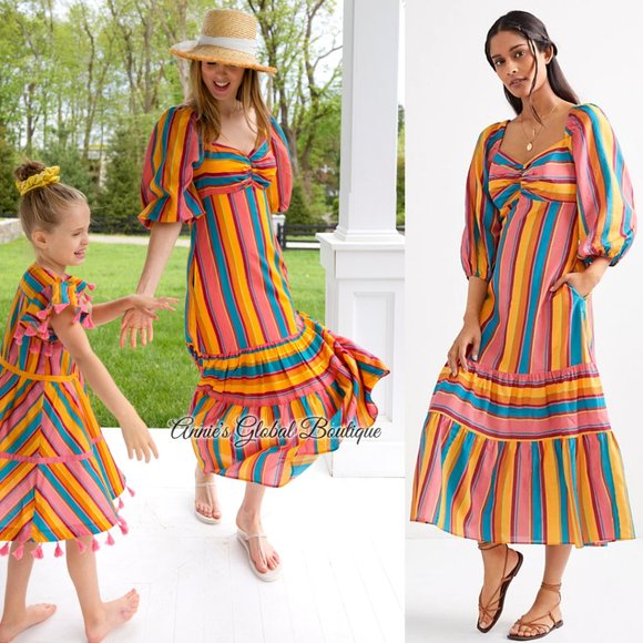 RARE NWT ANTHROPOLOGIE FARM RIO Rainbow Striped Flounced Midi Dress. Size L - Picture 14 of 16